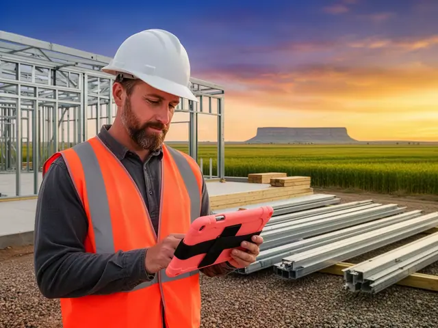 Builder in a white hard hat and hi-vis vest checking a tablet on a construction site