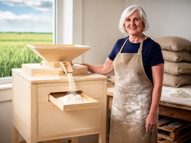 Flour mill owner beside a new wooden stone mill pouring fresh flour