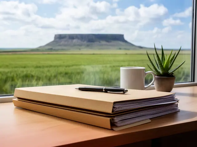 Stack of closed manila folders with a pen on a desk by a sunny window