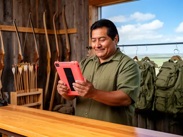Owner of a sporting goods and archery shop checking inventory on a tablet behind the counter