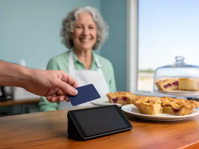 Customer tapping a card on a countertop terminal at a cafe and pie shop